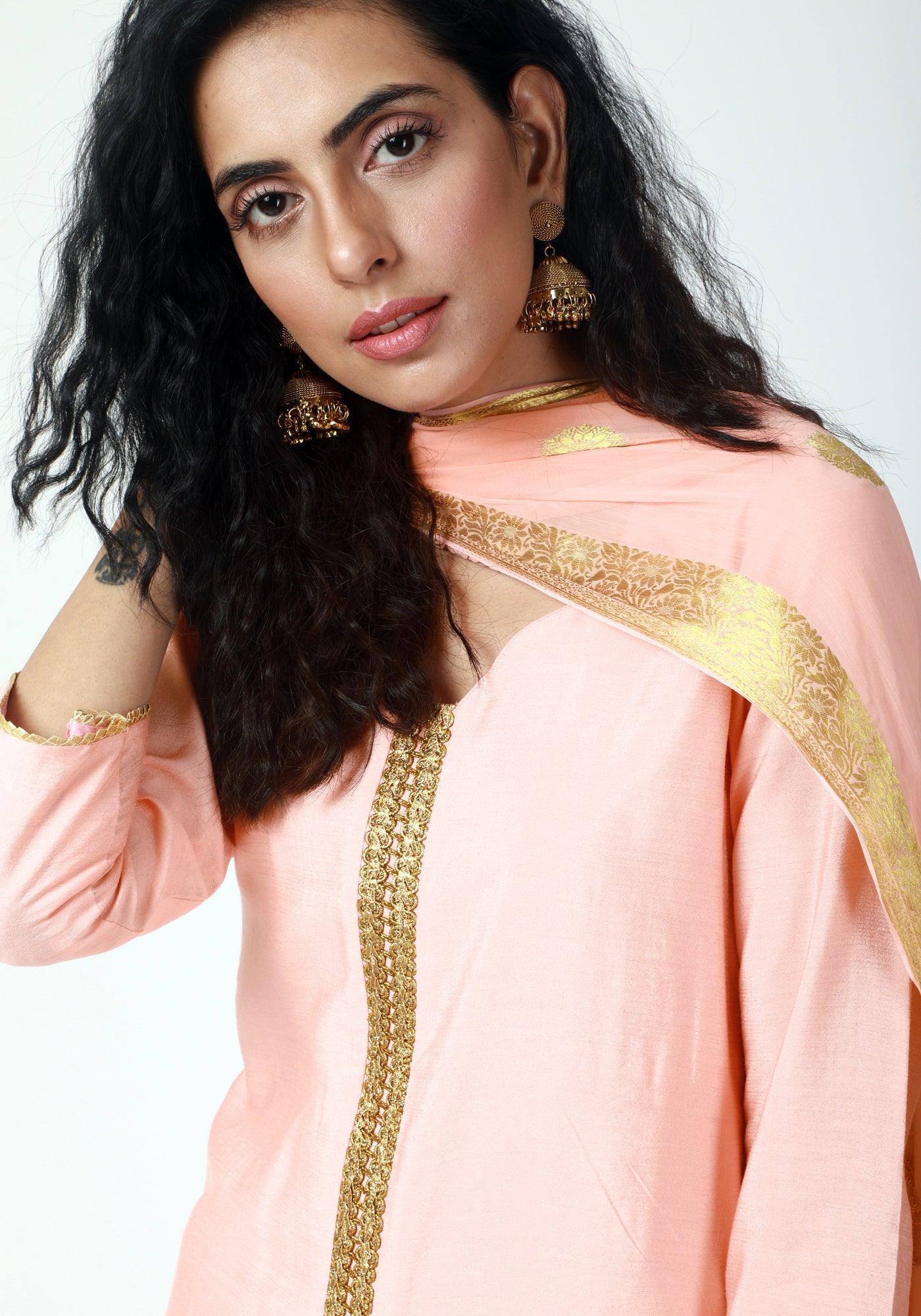trueBrowns Peach Gota Kurta-Pant-Dupatta | Grocsy