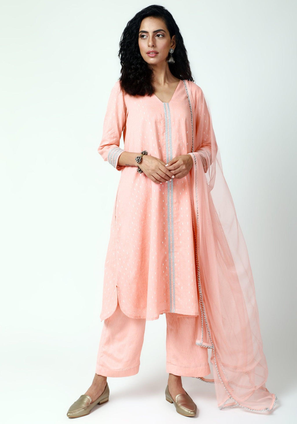 trueBrowns Peach Silver Laced Kurta-Pant-Dupatta | Grocsy