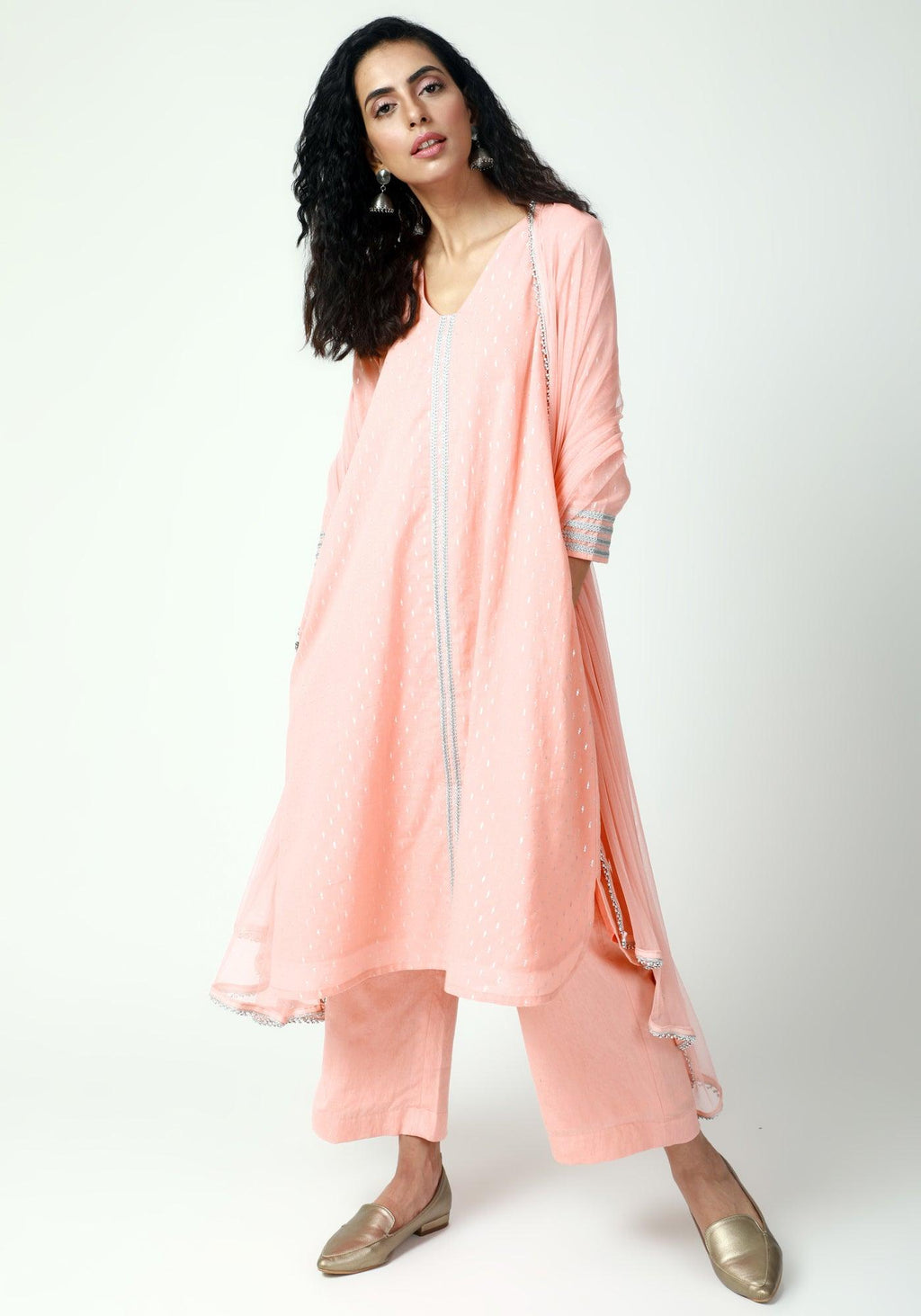 trueBrowns Peach Silver Laced Kurta-Pant-Dupatta | Grocsy