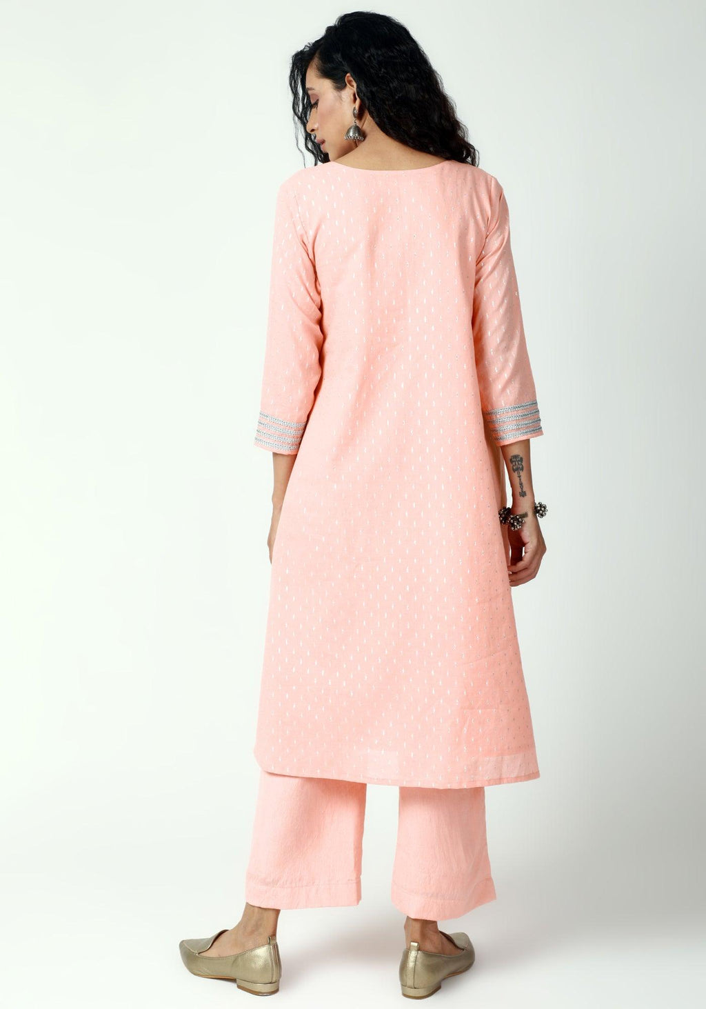 trueBrowns Peach Silver Laced Kurta-Pant-Dupatta | Grocsy