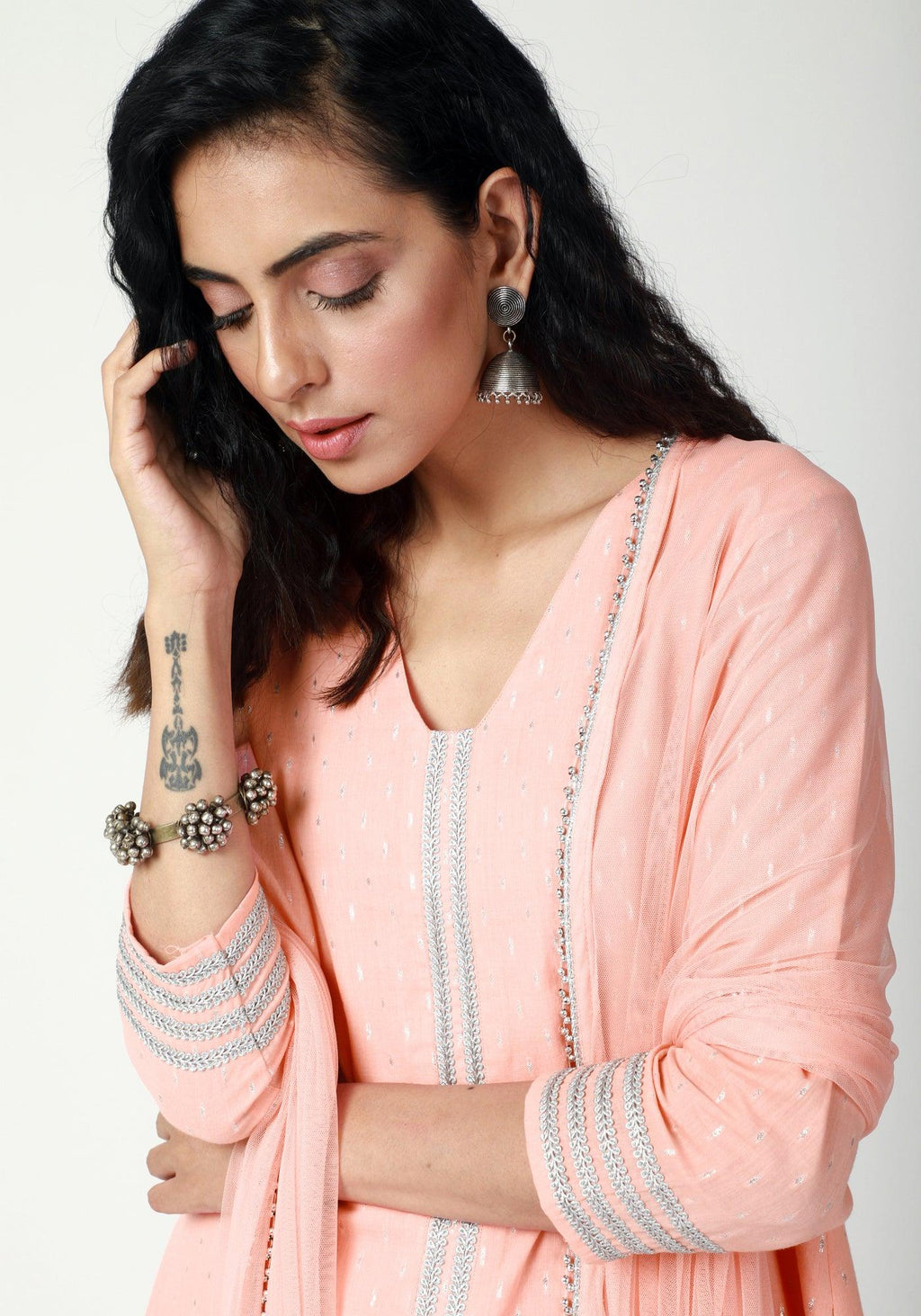trueBrowns Peach Silver Laced Kurta-Pant-Dupatta | Grocsy