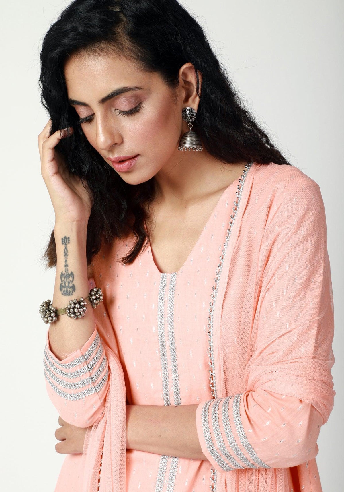 trueBrowns Peach Silver Laced Kurta-Pant-Dupatta | Grocsy