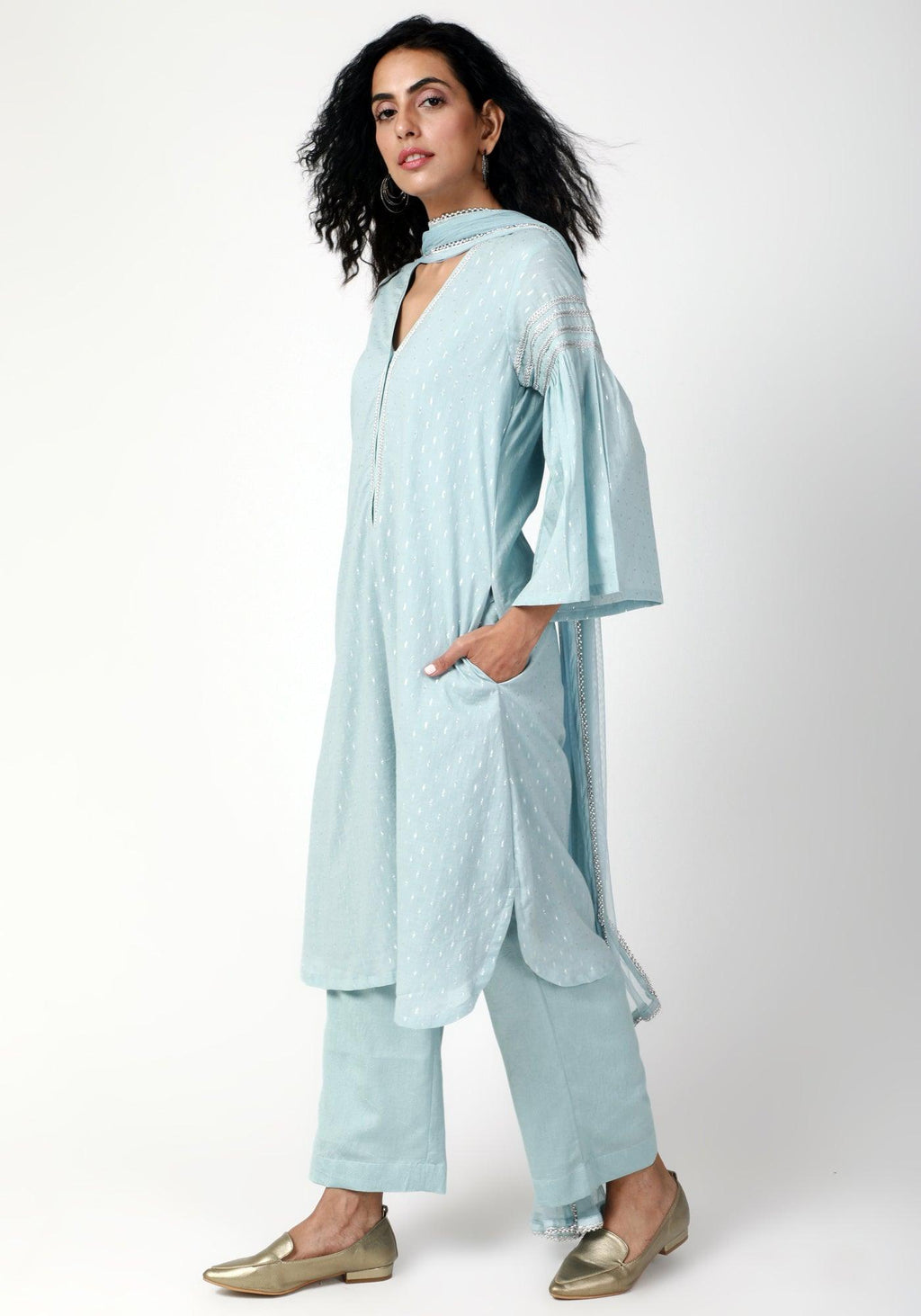 trueBrowns Blue Silver Laced Kurta-Pant-Dupatta | Grocsy
