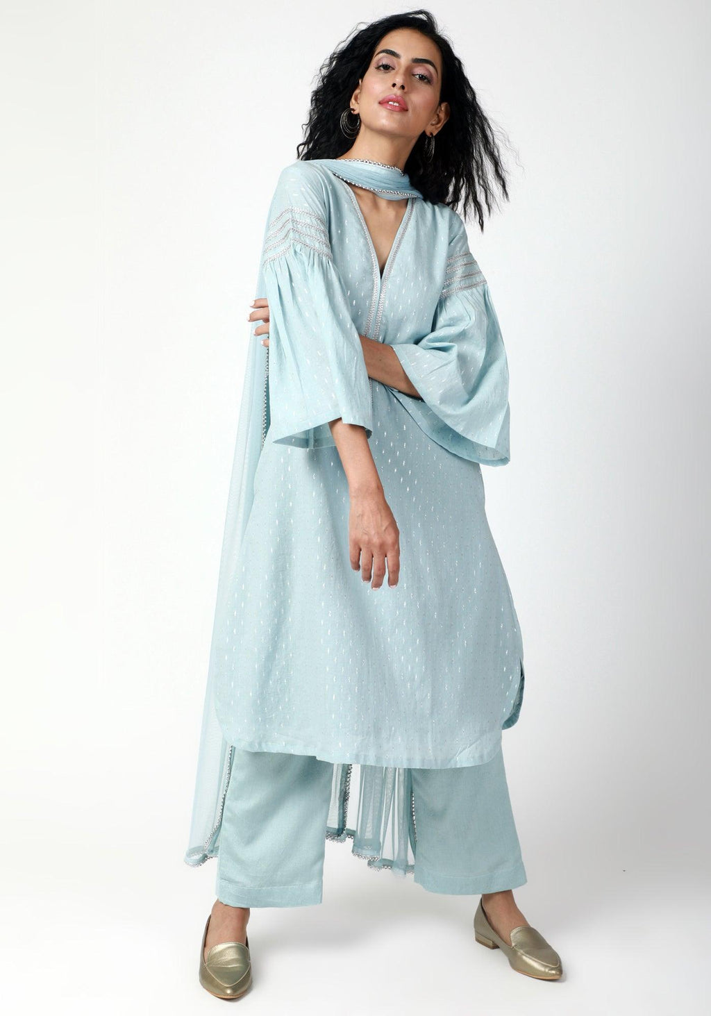 trueBrowns Blue Silver Laced Kurta-Pant-Dupatta | Grocsy