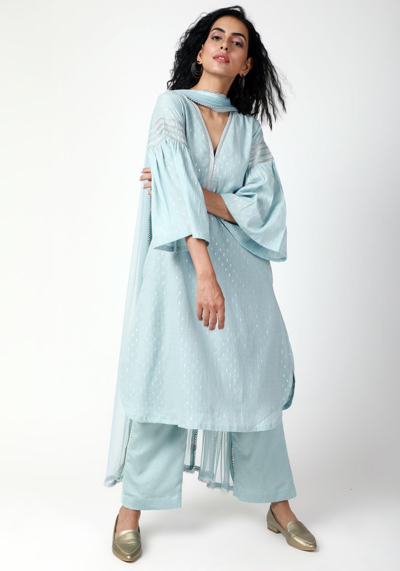 trueBrowns Blue Silver Laced Kurta-Pant-Dupatta | Grocsy