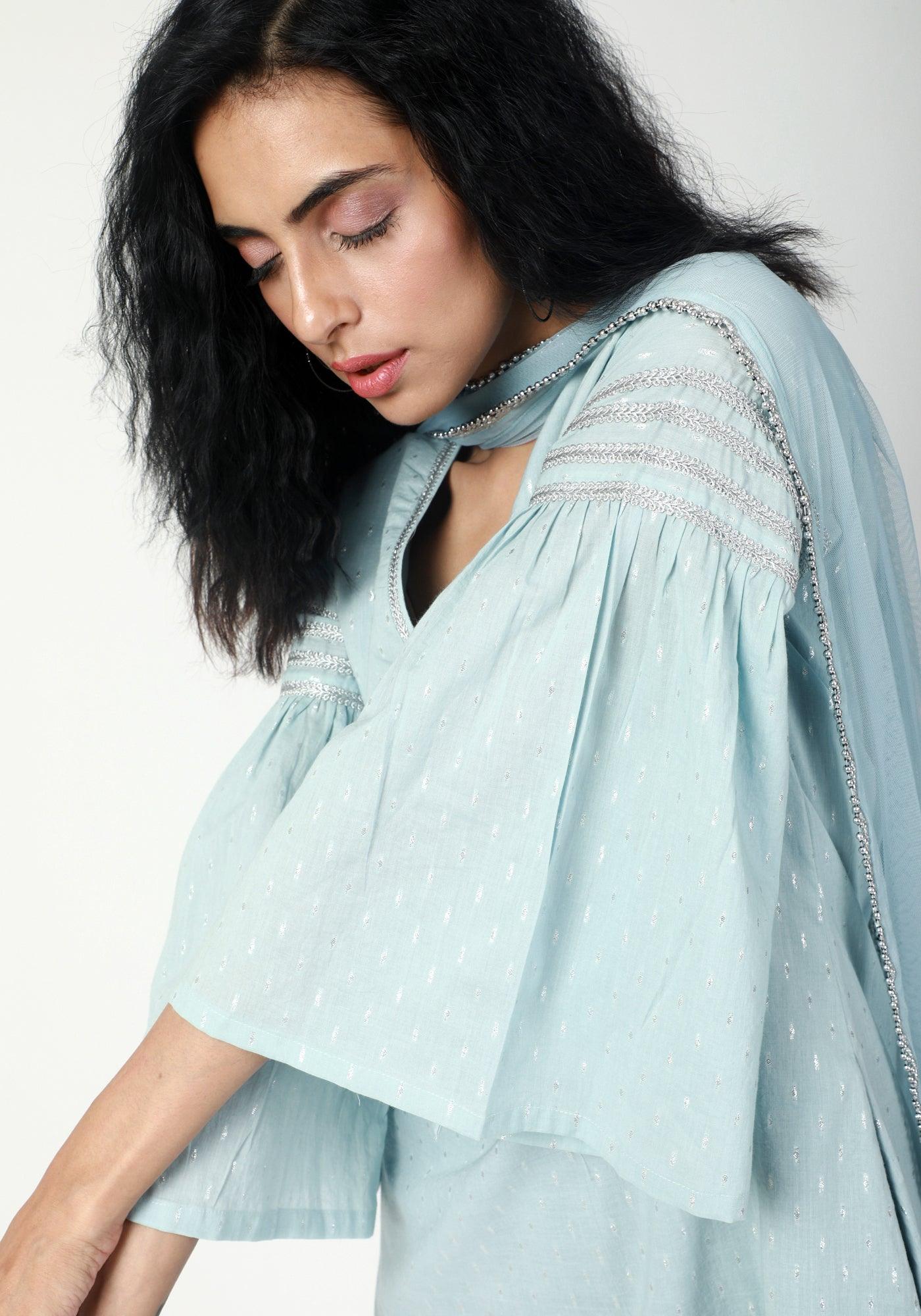 trueBrowns Blue Silver Laced Kurta-Pant-Dupatta | Grocsy