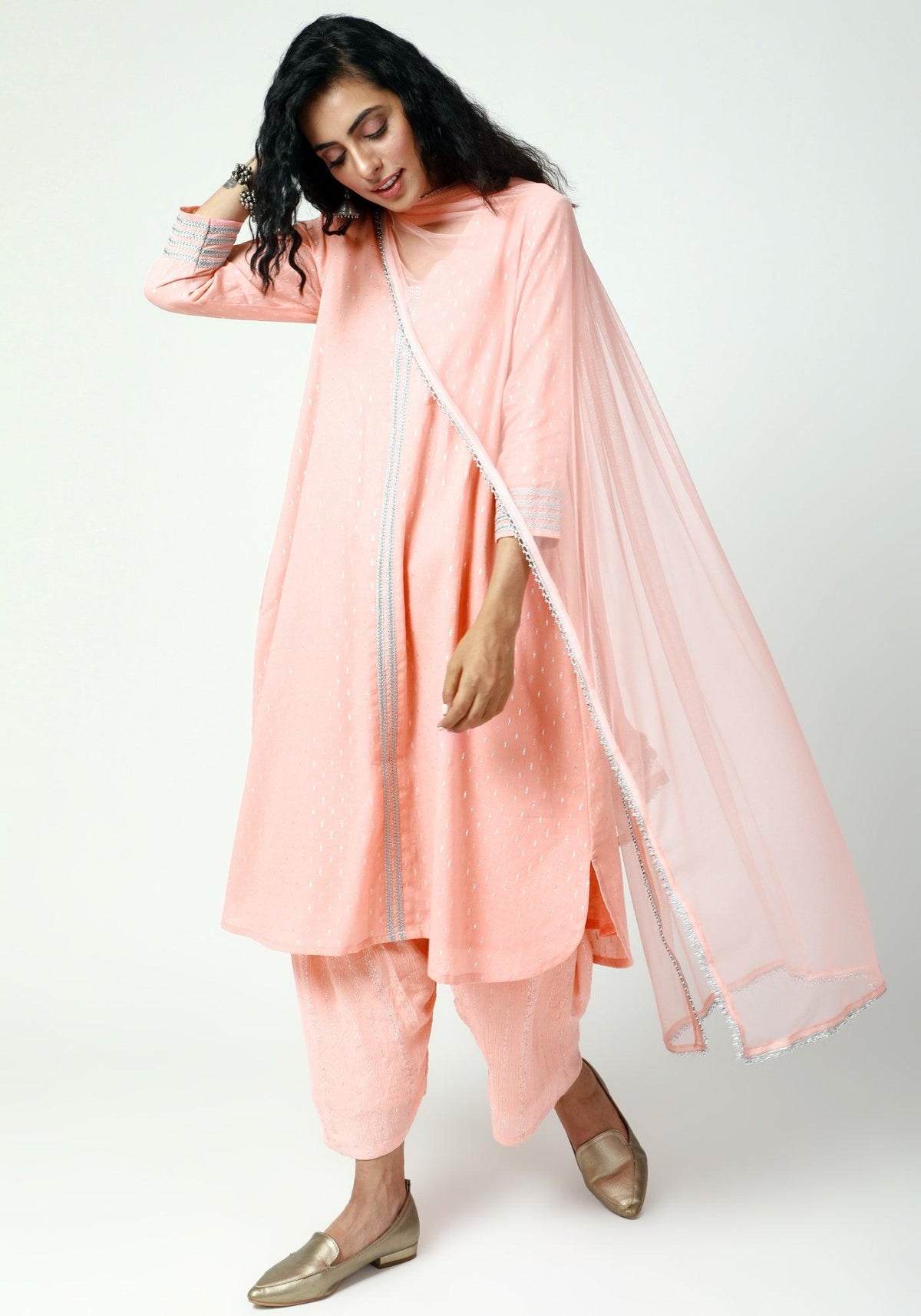 trueBrowns Peach Silver Laced Kurta- Ruffled Pant-Dupatta | Grocsy
