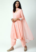trueBrowns Peach Silver Laced Kurta- Ruffled Pant-Dupatta | Grocsy