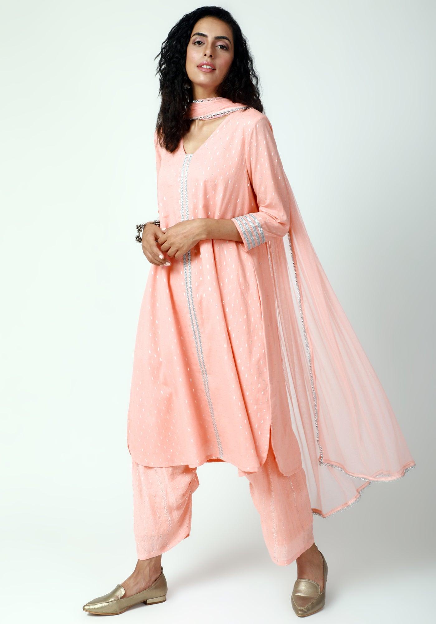 trueBrowns Peach Silver Laced Kurta- Ruffled Pant-Dupatta | Grocsy
