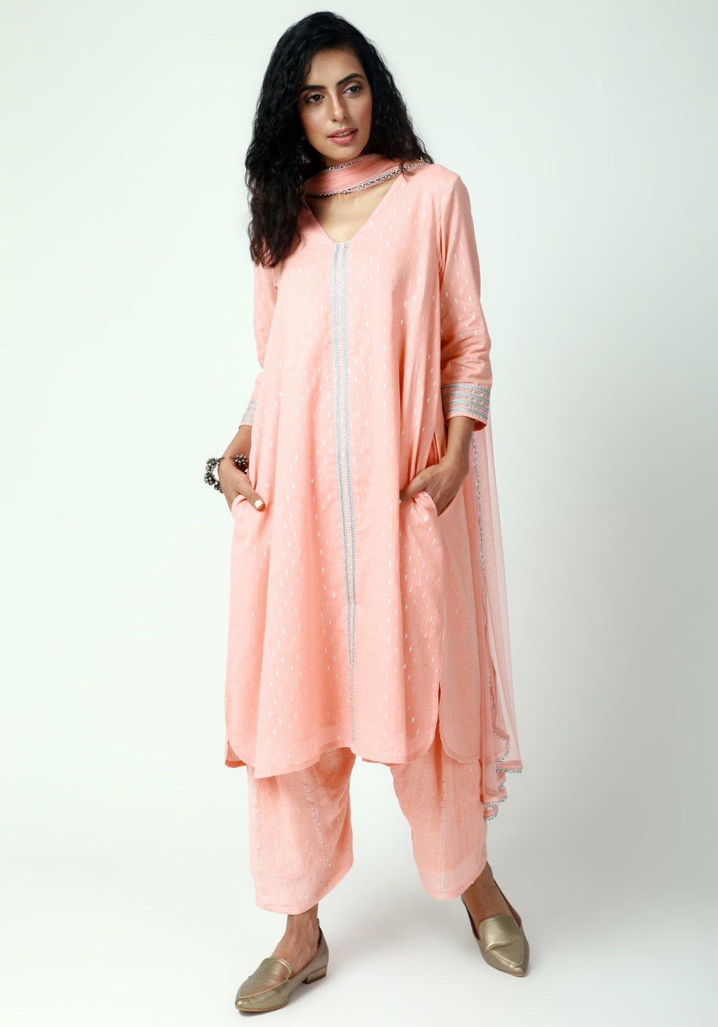 trueBrowns Peach Silver Laced Kurta- Ruffled Pant-Dupatta | Grocsy