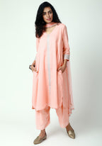 trueBrowns Peach Silver Laced Kurta- Ruffled Pant-Dupatta | Grocsy