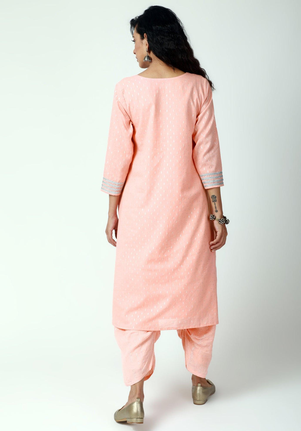 trueBrowns Peach Silver Laced Kurta- Ruffled Pant-Dupatta | Grocsy