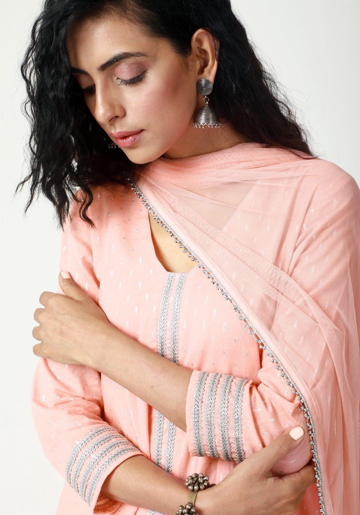 trueBrowns Peach Silver Laced Kurta- Ruffled Pant-Dupatta | Grocsy