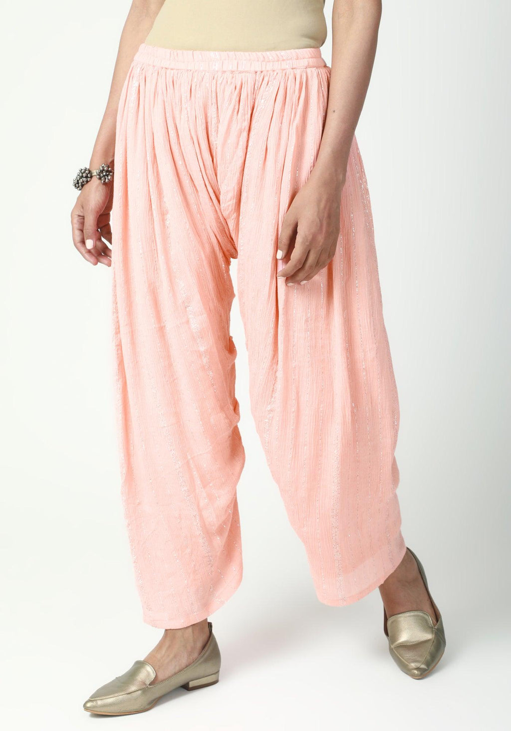 trueBrowns Peach Silver Laced Kurta- Ruffled Pant-Dupatta | Grocsy