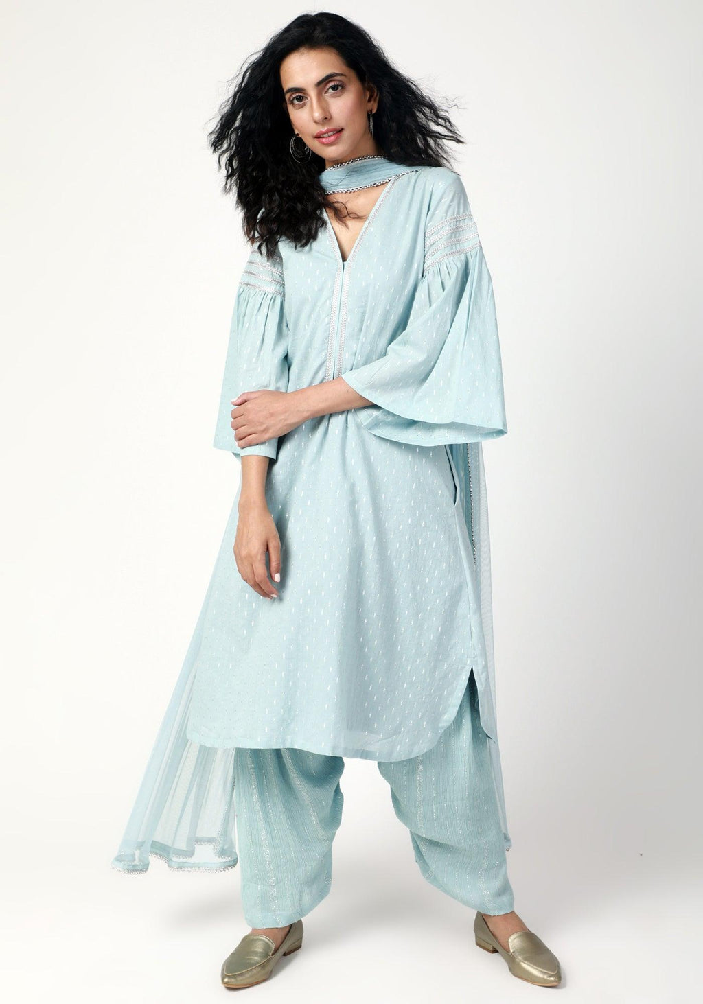 trueBrowns Blue Silver Laced Kurta- Ruffled Pant-Dupatta | Grocsy