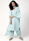 trueBrowns Blue Silver Laced Kurta- Ruffled Pant-Dupatta | Grocsy