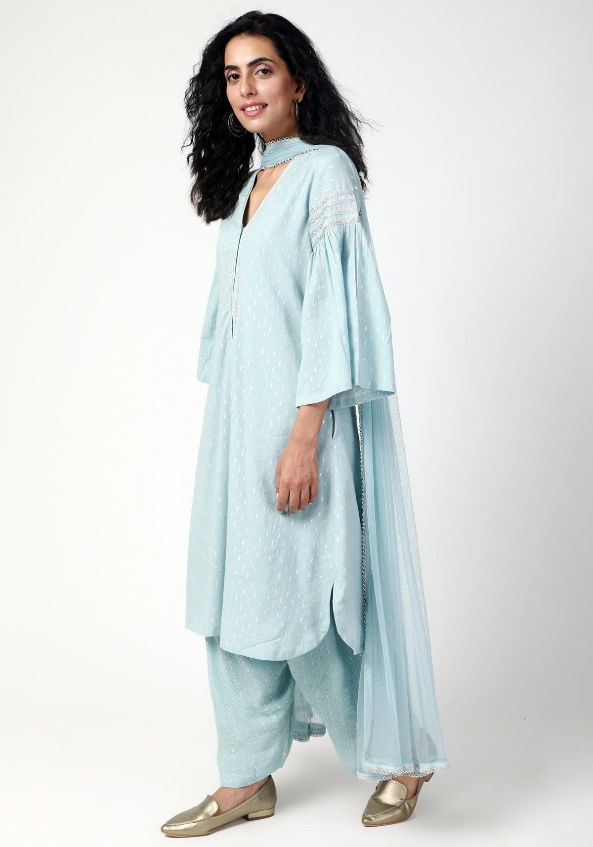 trueBrowns Blue Silver Laced Kurta- Ruffled Pant-Dupatta | Grocsy