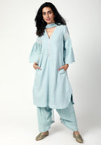 trueBrowns Blue Silver Laced Kurta- Ruffled Pant-Dupatta | Grocsy