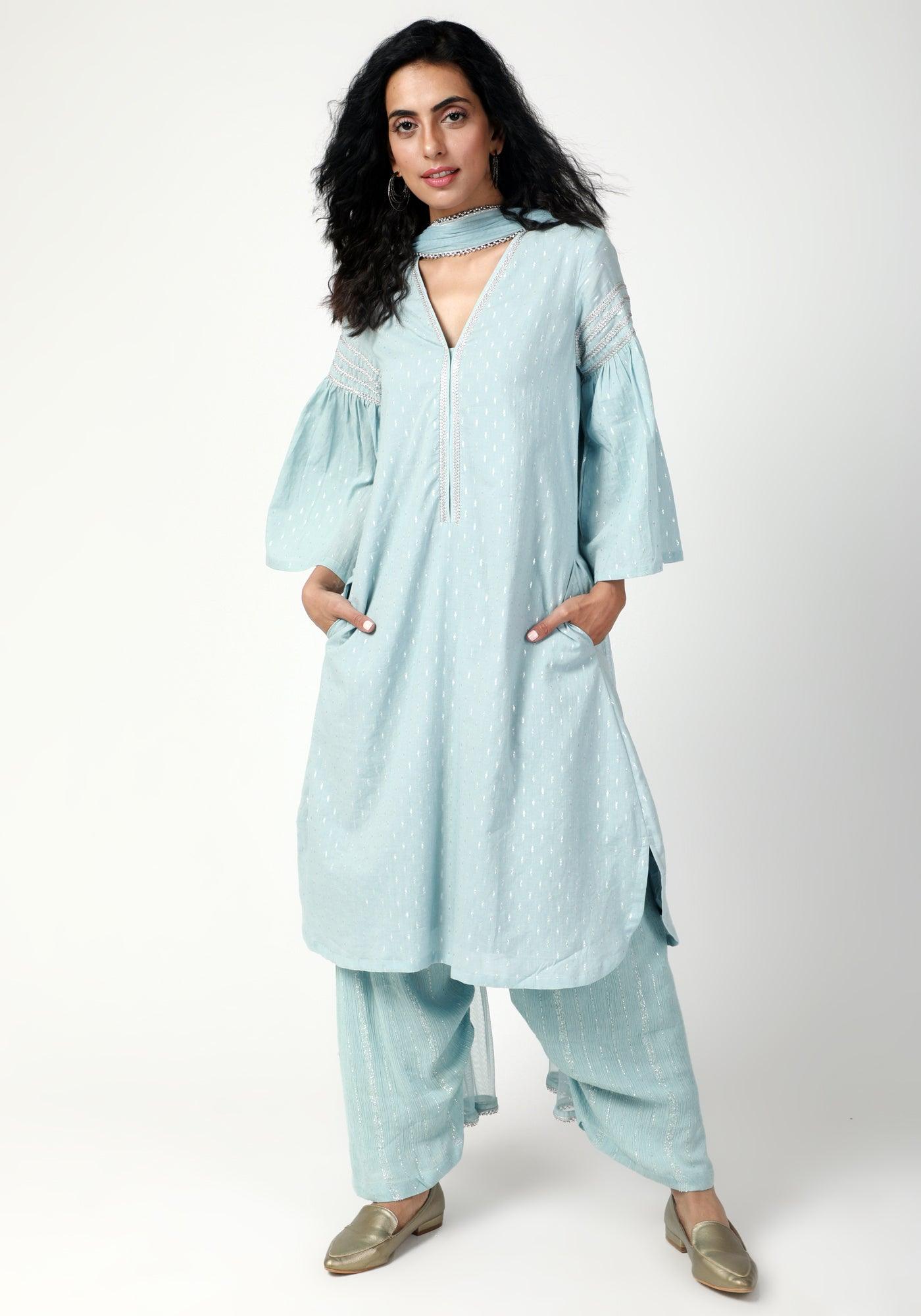 trueBrowns Blue Silver Laced Kurta- Ruffled Pant-Dupatta | Grocsy