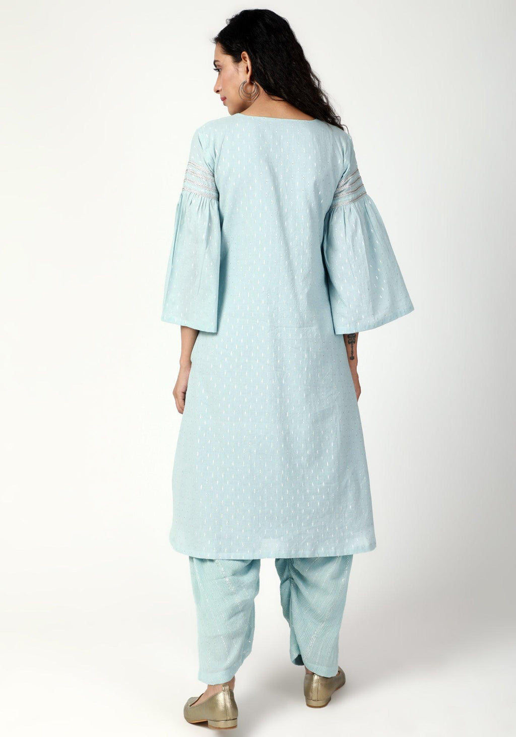 trueBrowns Blue Silver Laced Kurta- Ruffled Pant-Dupatta | Grocsy