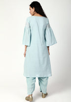 trueBrowns Blue Silver Laced Kurta- Ruffled Pant-Dupatta | Grocsy