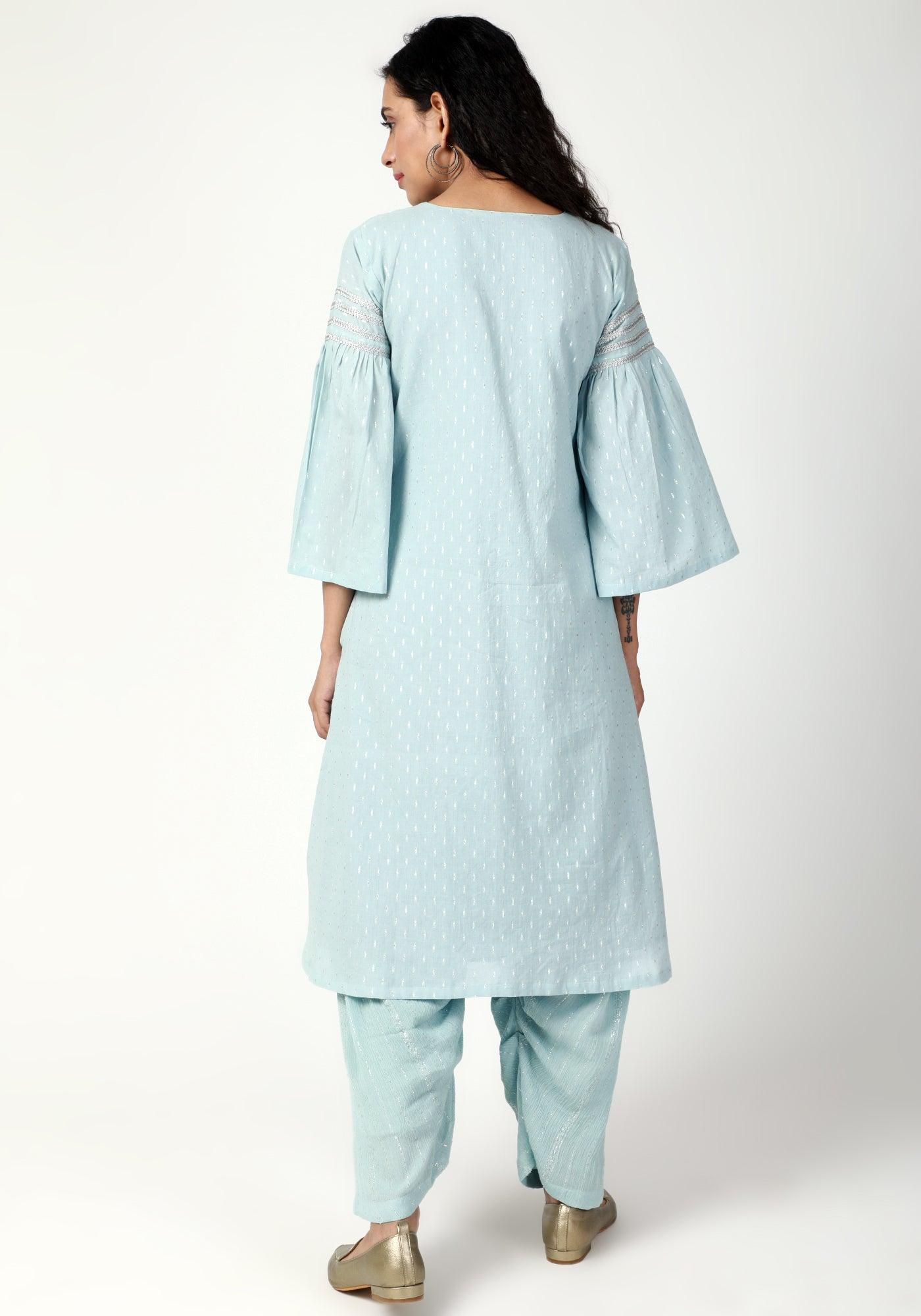 trueBrowns Blue Silver Laced Kurta- Ruffled Pant-Dupatta | Grocsy