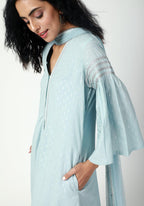 trueBrowns Blue Silver Laced Kurta- Ruffled Pant-Dupatta | Grocsy