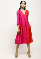 trueBrowns Pink Contrast Overlap Dress | Grocsy