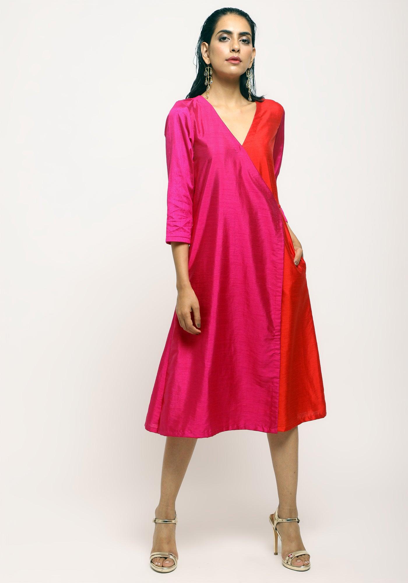 trueBrowns Pink Contrast Overlap Dress | Grocsy