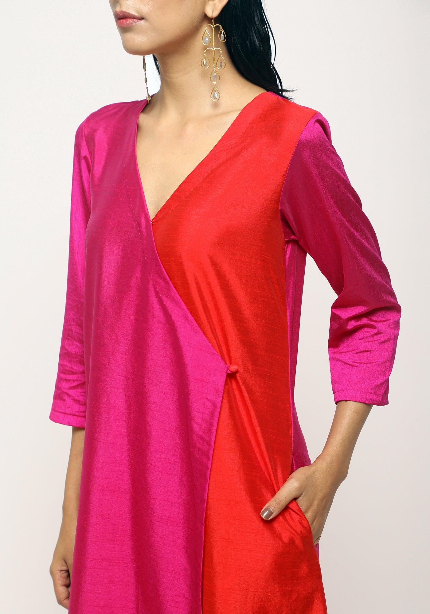 trueBrowns Pink Contrast Overlap Dress | Grocsy