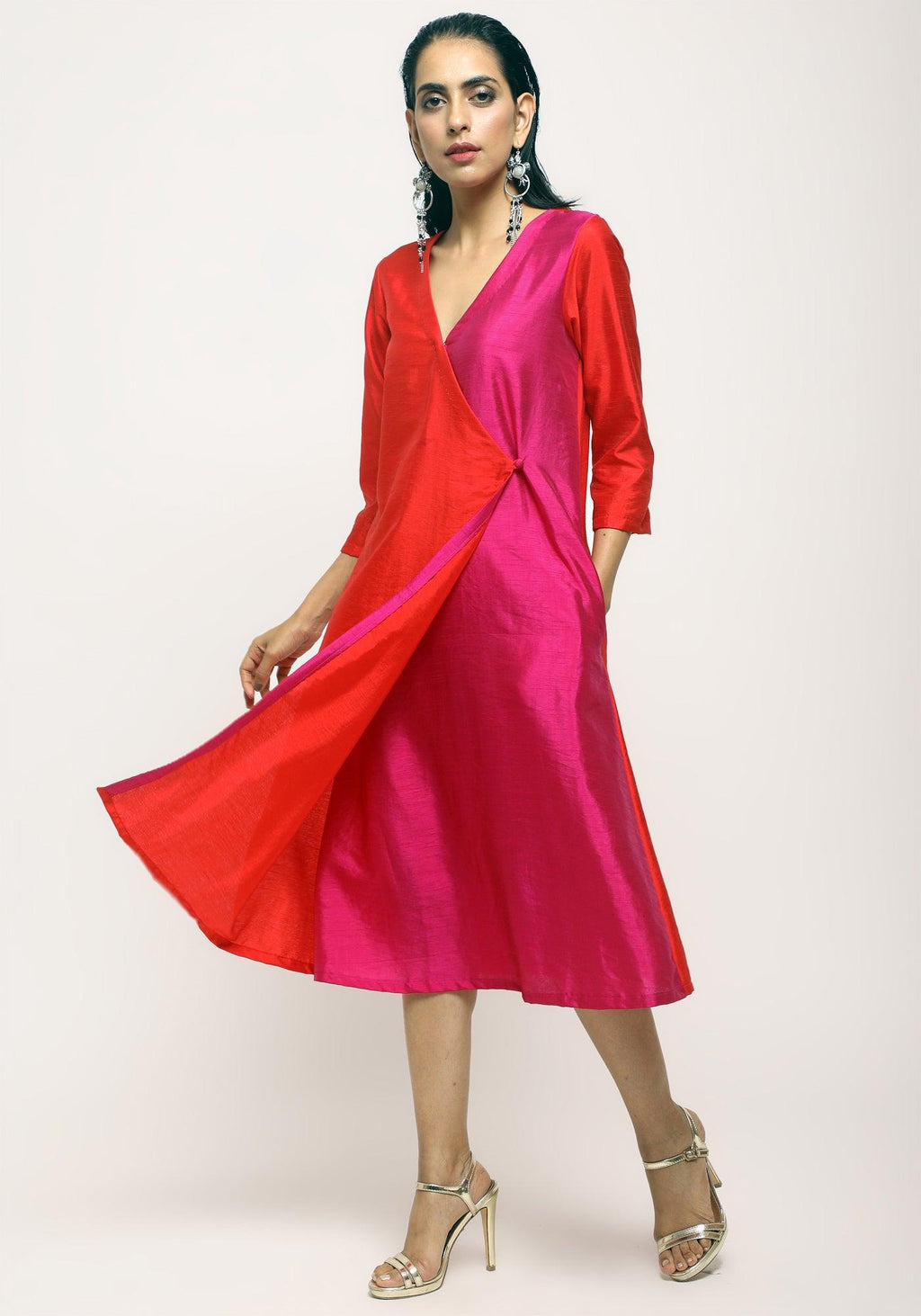 trueBrowns Orange Contrast Overlap Dress | Grocsy