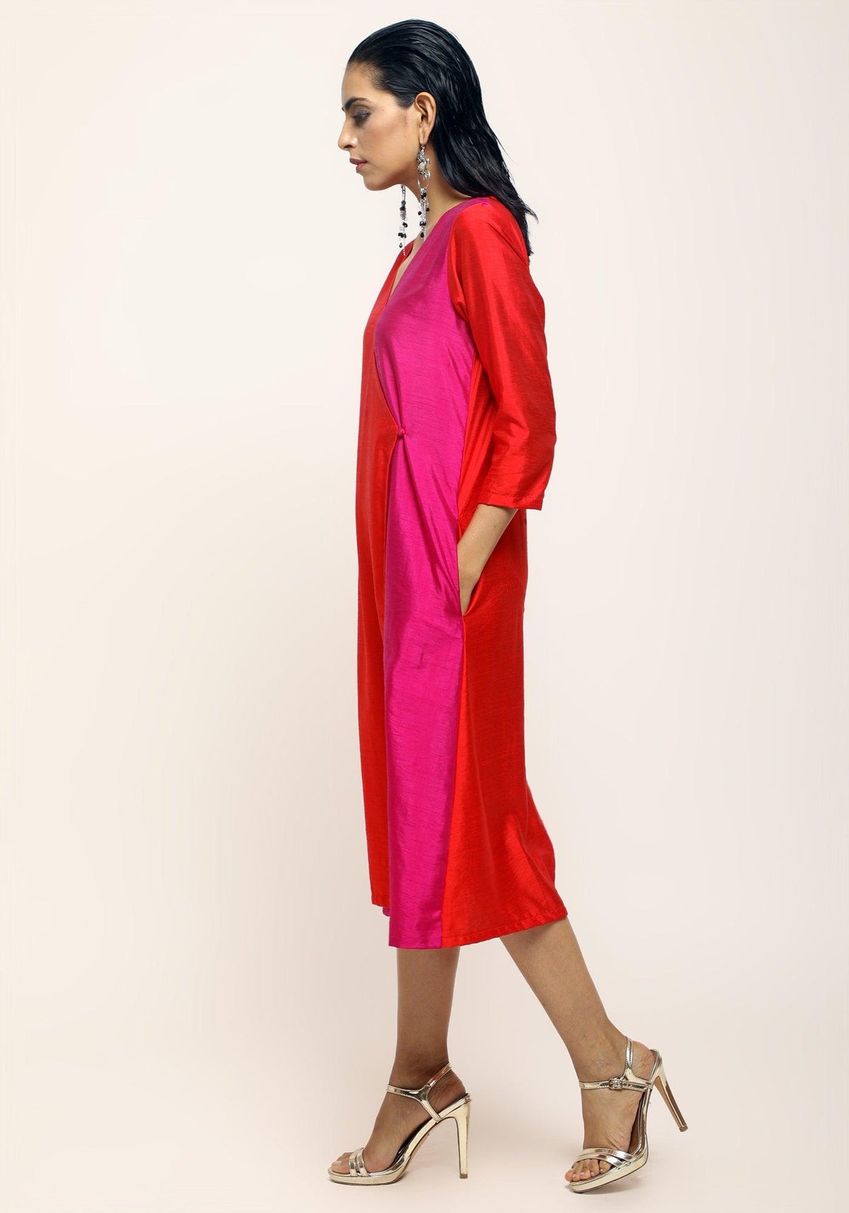 trueBrowns Orange Contrast Overlap Dress | Grocsy