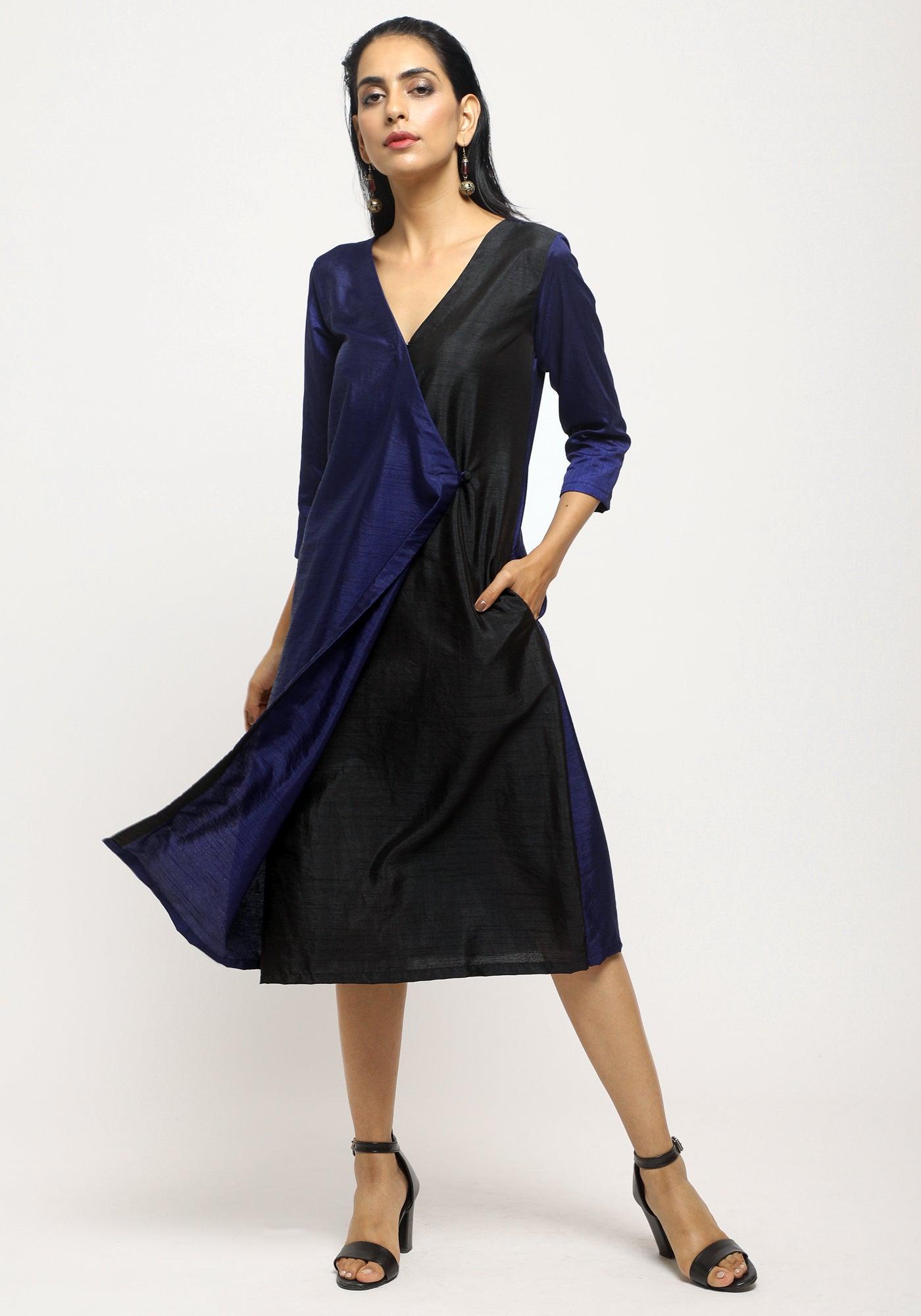 trueBrowns Blue Contrast Overlap Dress | Grocsy