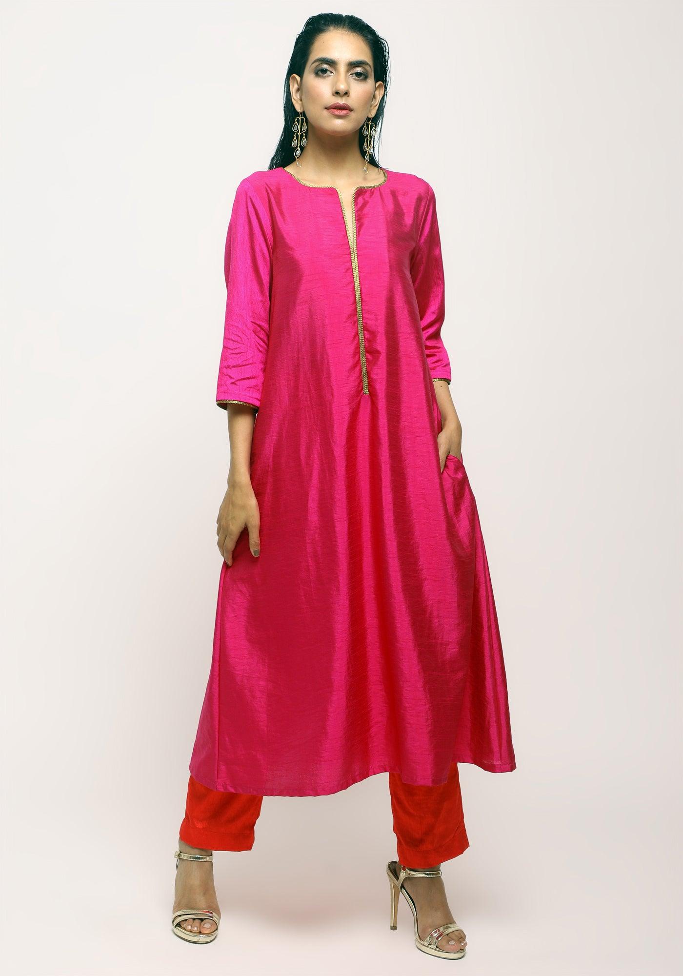 trueBrowns Pink Laced Kurta Set | Grocsy