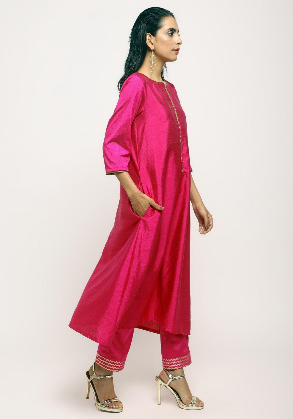 trueBrowns Pink Laced Kurta- Foil Pant | Grocsy