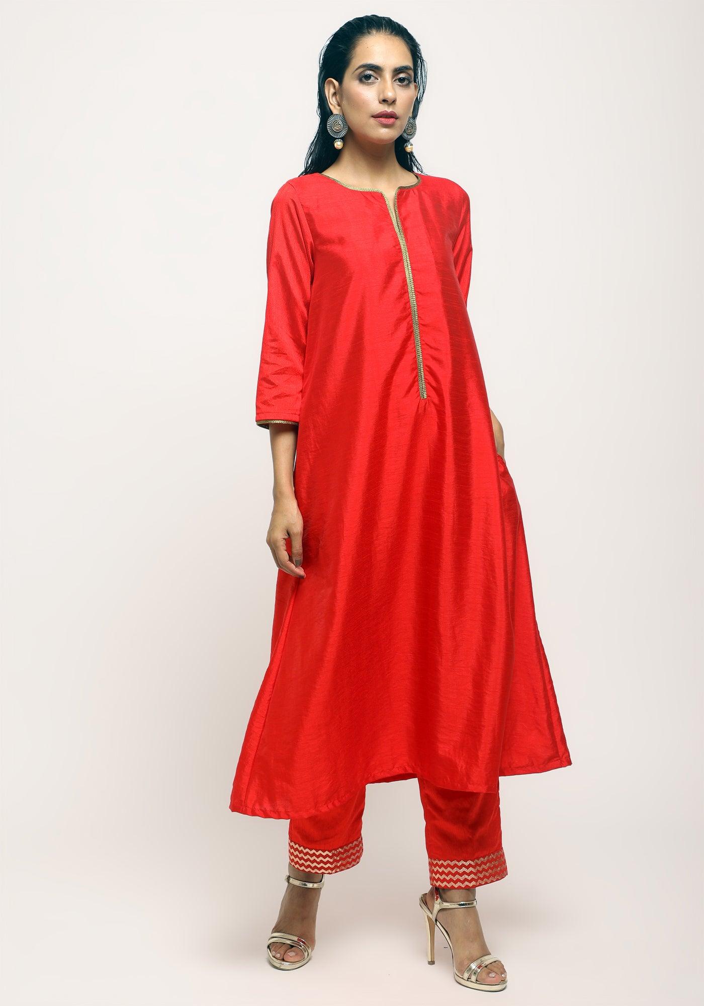 trueBrowns Orange Laced Kurta- Foil Pant | Grocsy