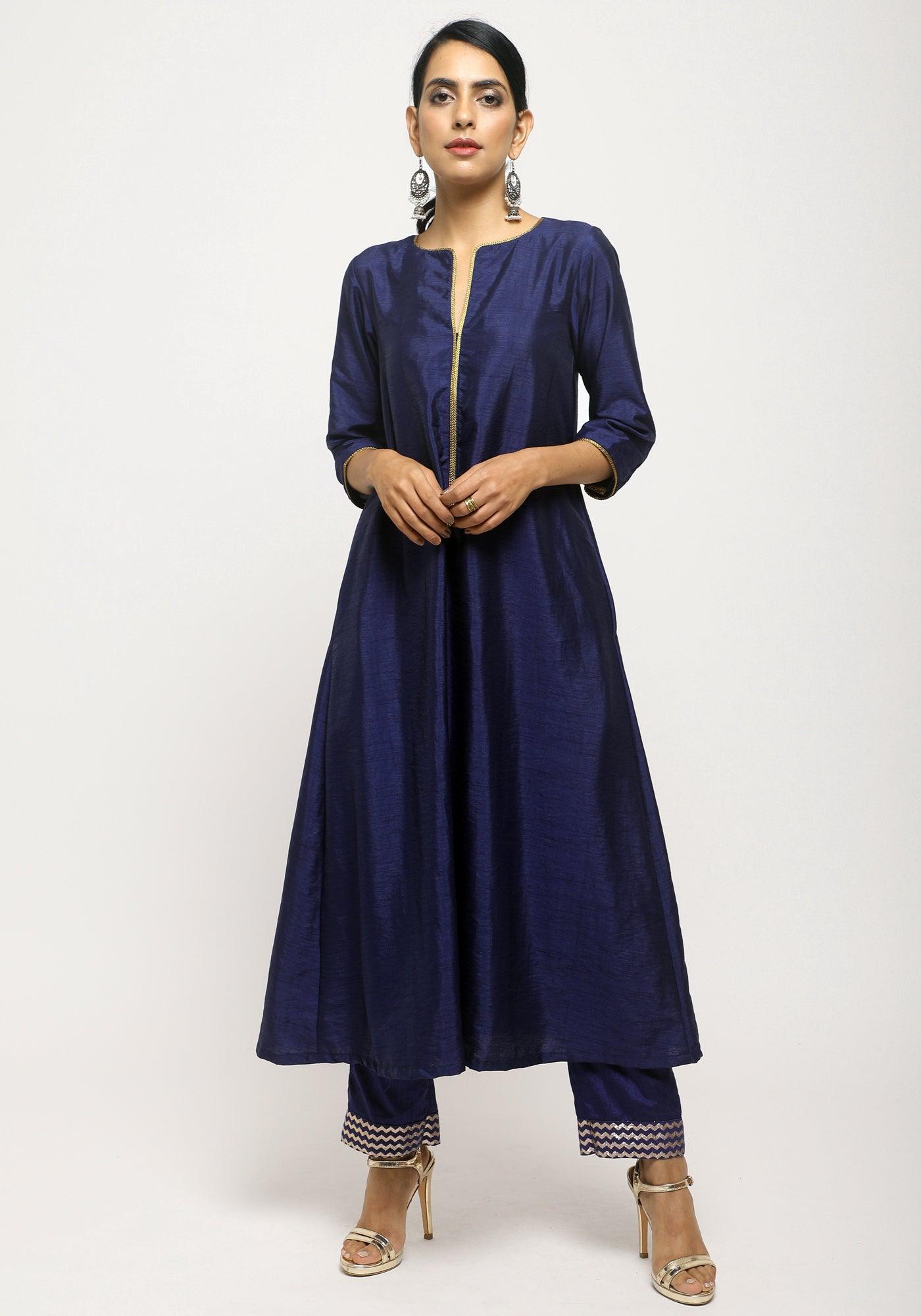 trueBrowns Blue Laced Kurta- Foil Pant | Grocsy