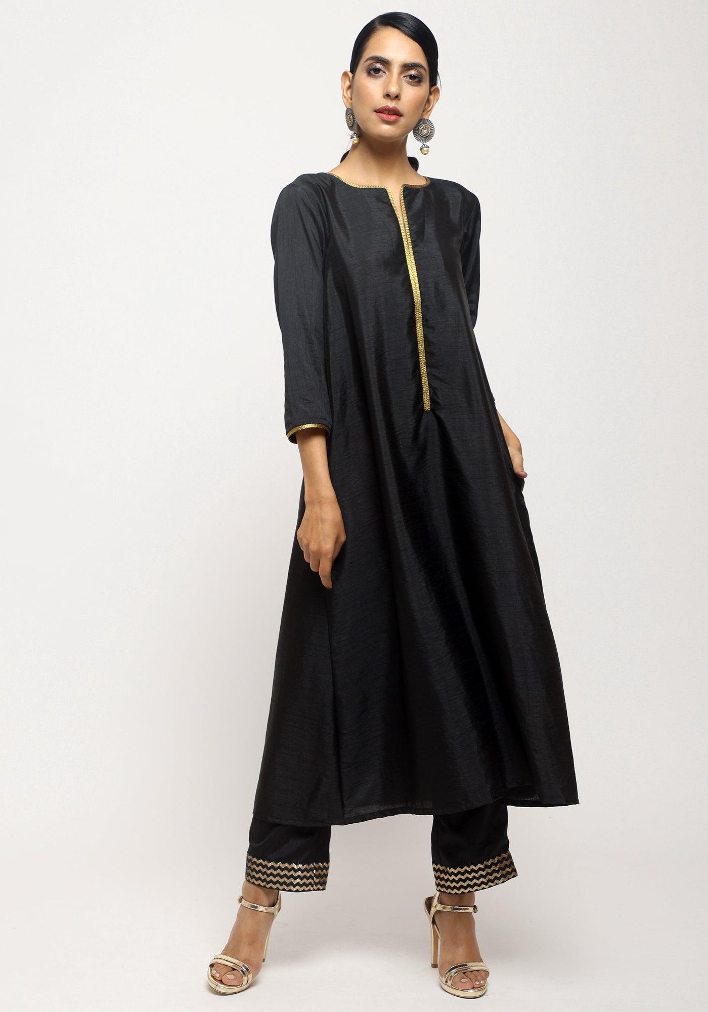 trueBrowns Black Laced Kurta- Foil Pant | Grocsy