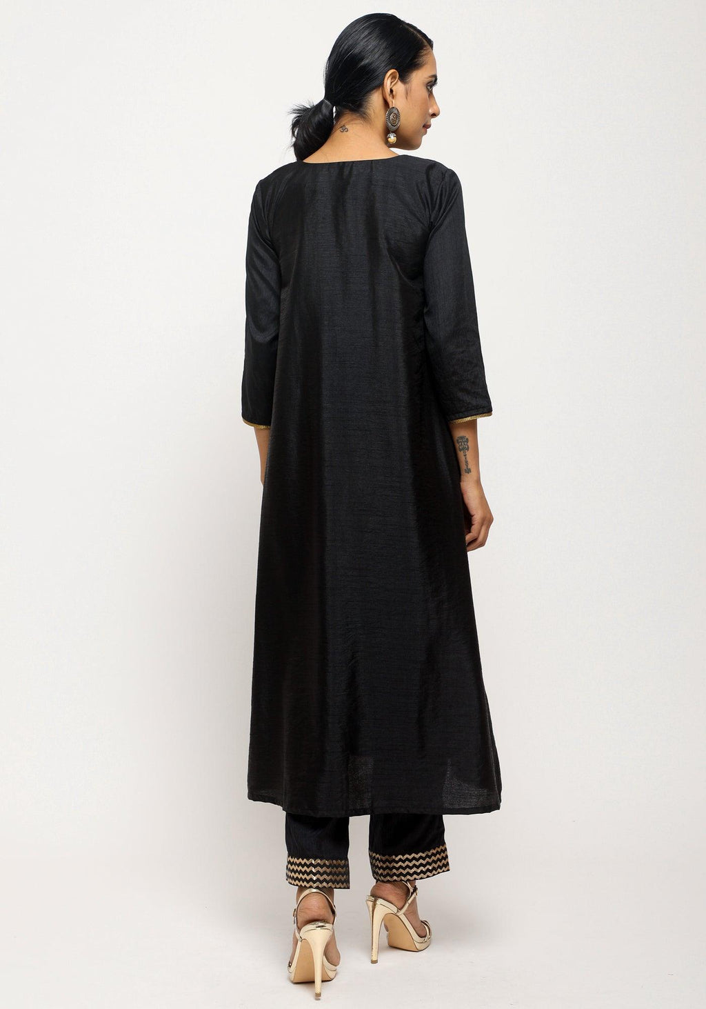 trueBrowns Black Laced Kurta- Foil Pant | Grocsy
