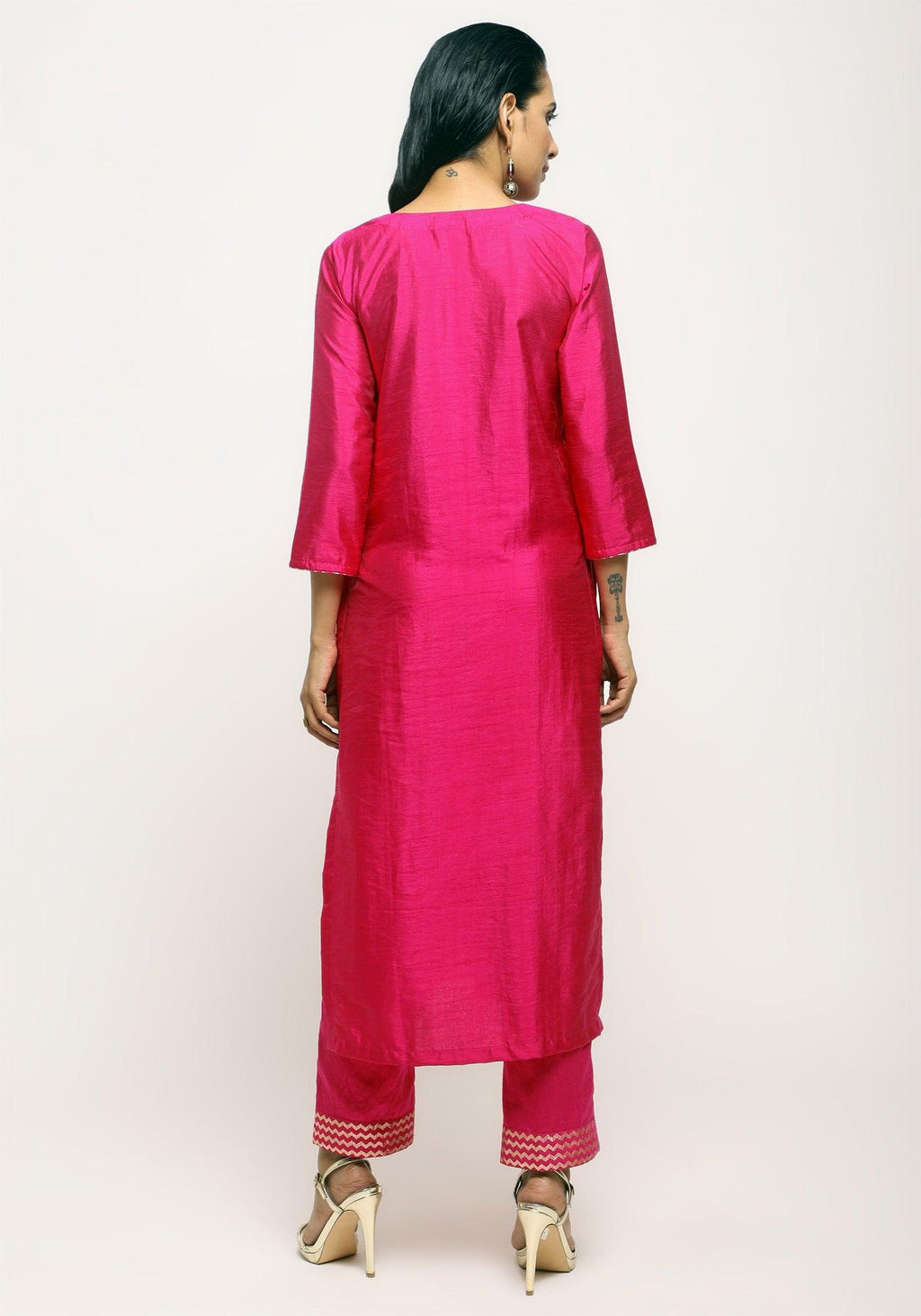 trueBrowns Pink Foil High Slit- Foil Pant | Grocsy