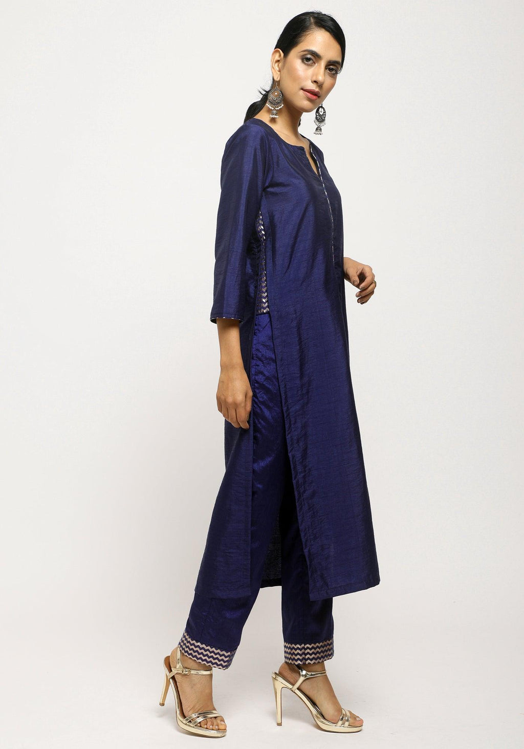 trueBrowns Blue Foil High Slit- Foil Pant | Grocsy
