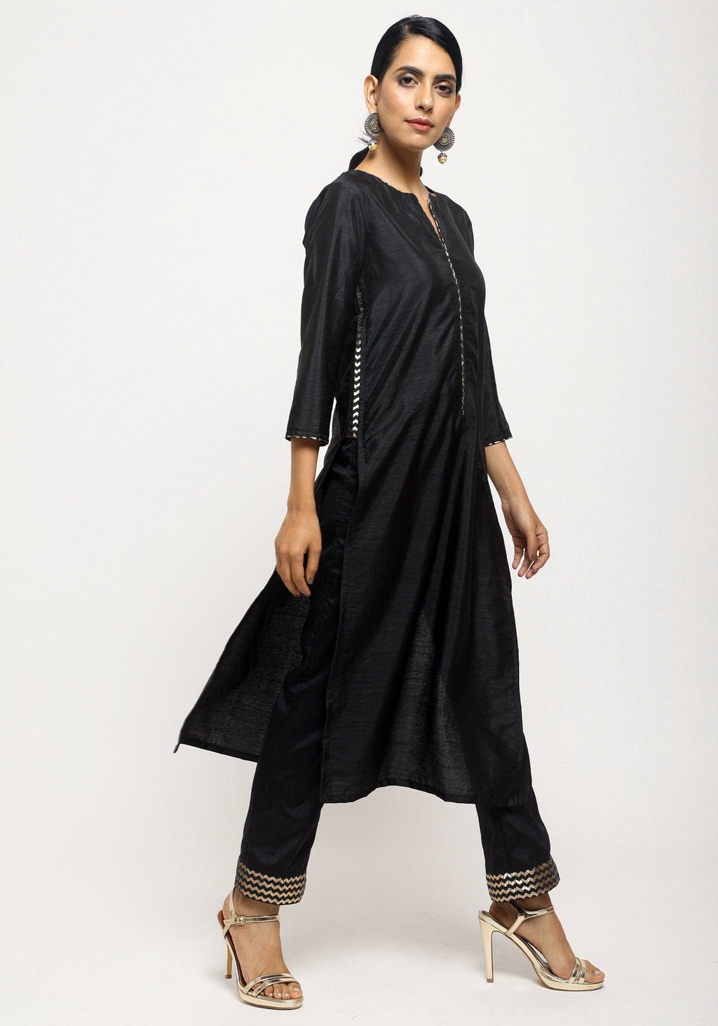 trueBrowns Black Foil High Slit- Foil Pant | Grocsy