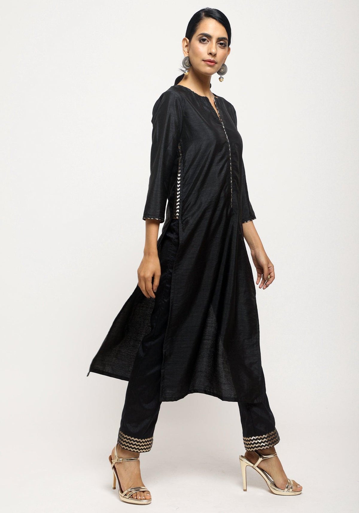 trueBrowns Black Foil High Slit- Foil Pant | Grocsy