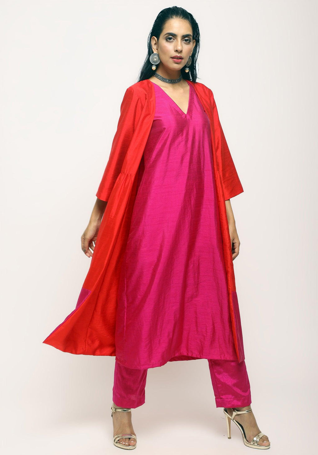 trueBrowns Orange Pink Jacket Kurta Set | Grocsy