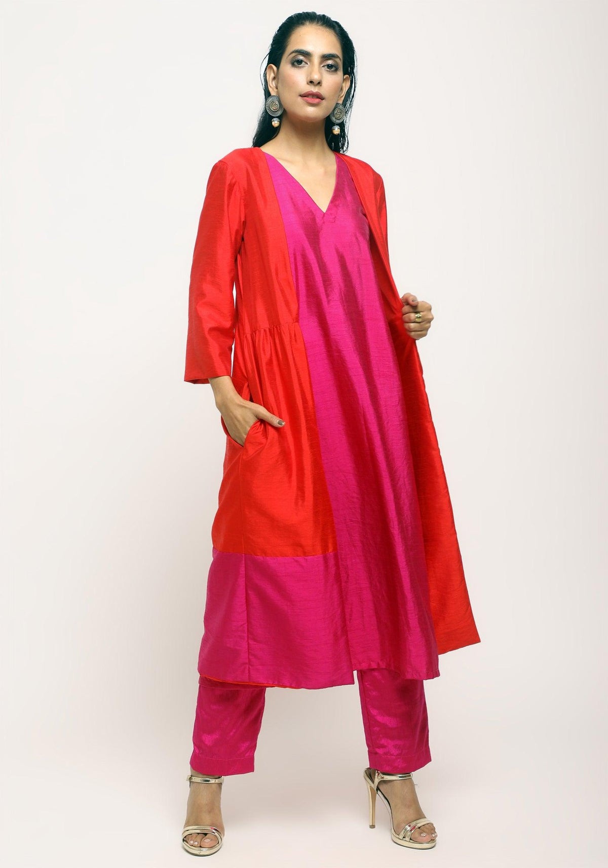 trueBrowns Orange Pink Jacket Kurta Set | Grocsy