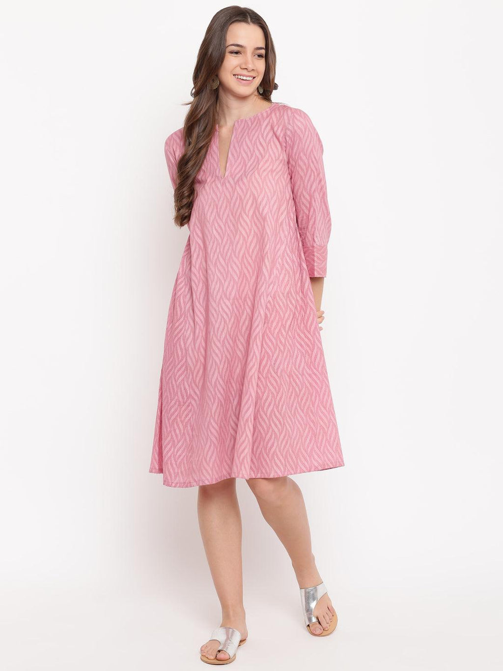 trueBrowns Pink Floral Dobby Cuff Dress | Grocsy