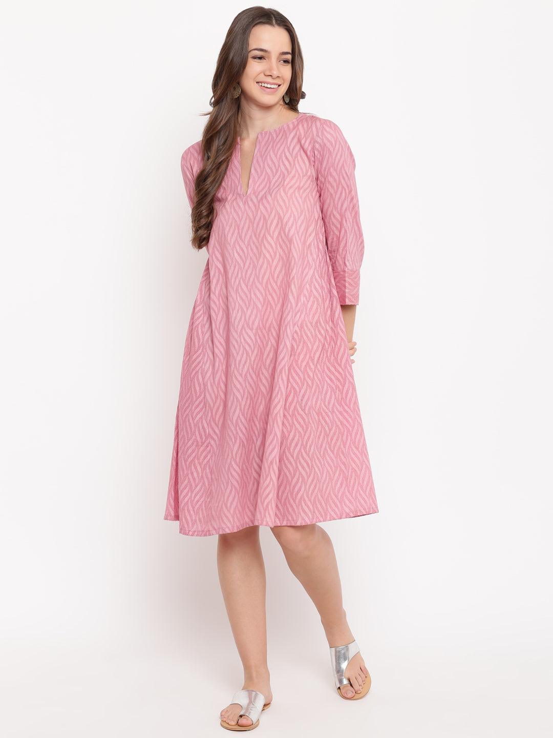 trueBrowns Pink Floral Dobby Cuff Dress | Grocsy