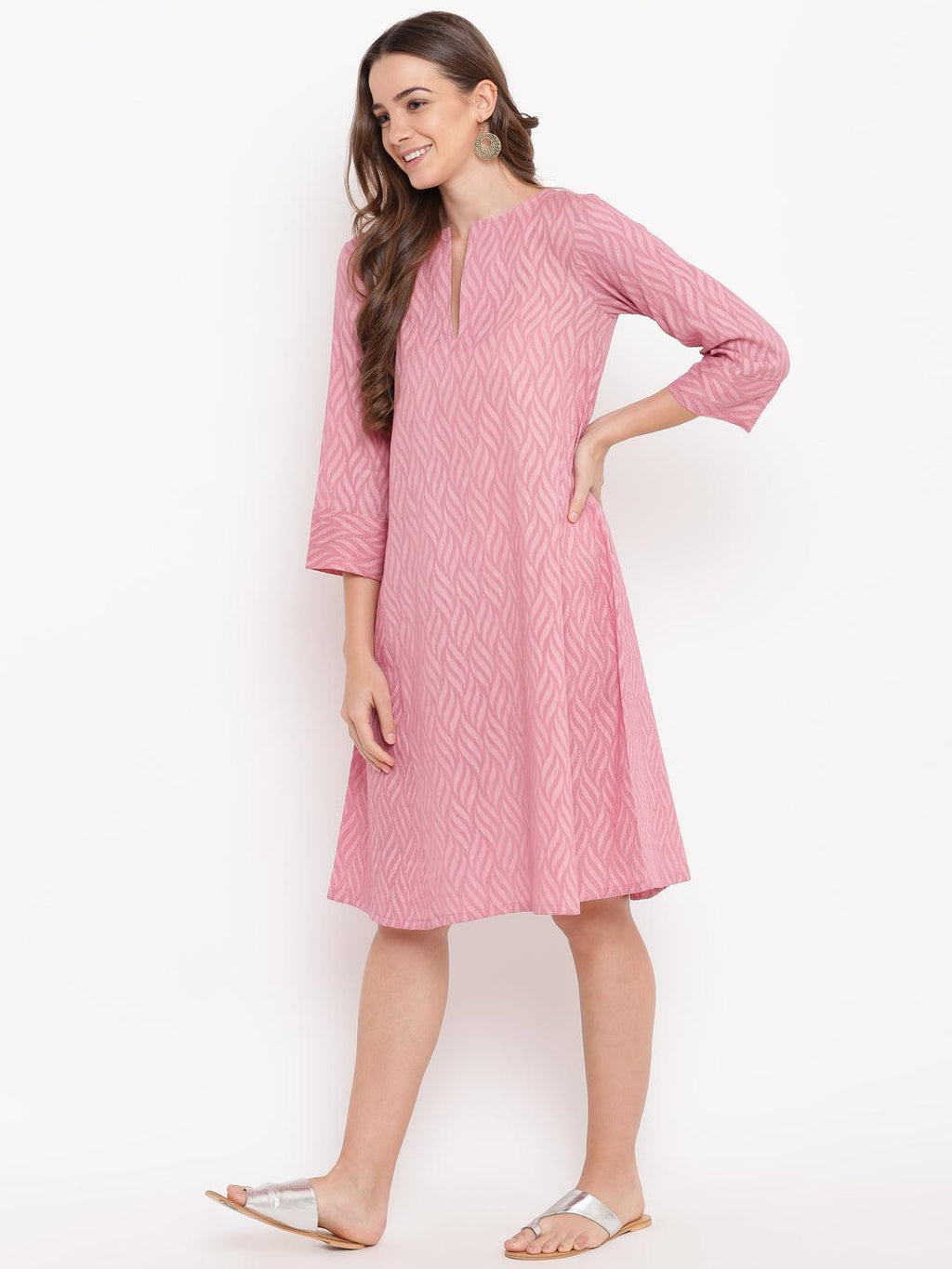 trueBrowns Pink Floral Dobby Cuff Dress | Grocsy