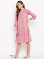 trueBrowns Pink Floral Dobby Cuff Dress | Grocsy