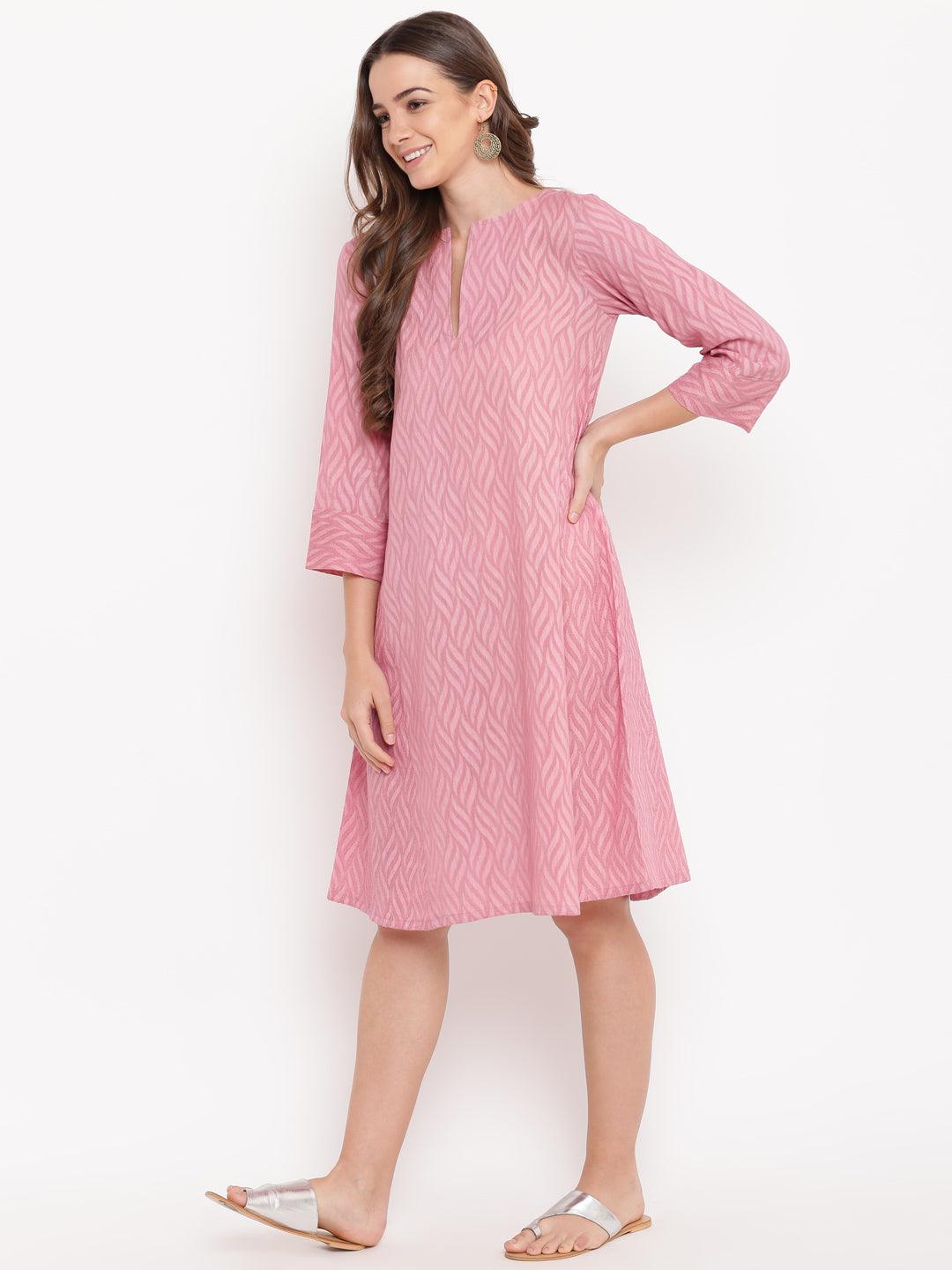 trueBrowns Pink Floral Dobby Cuff Dress | Grocsy